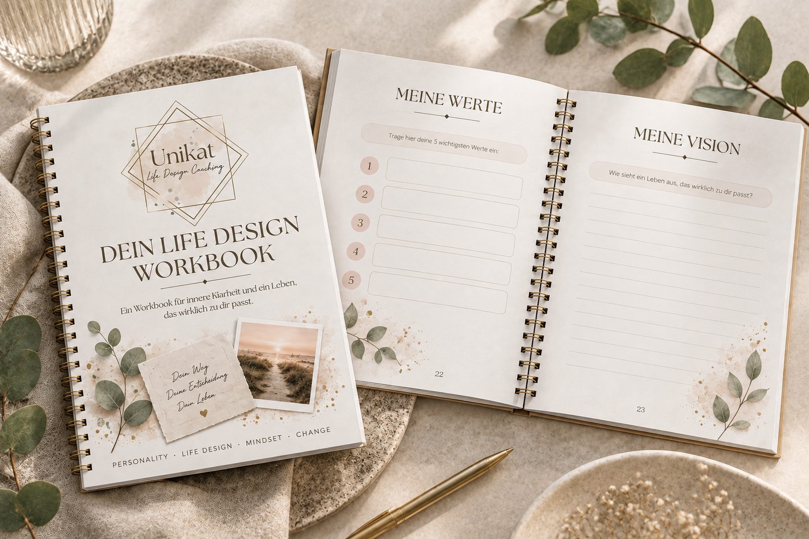 Unikat Life Design Coaching Workbook mit den Seiten Werte und Vision